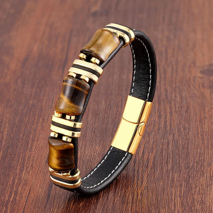 Armband aus Tigerauge und Leder, goldfarben, für Herren, modisches Accessoire, Geschenkidee.