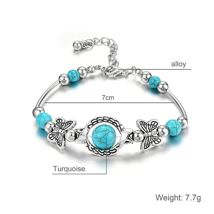 Silberarmband mit türkisfarbenem Stein, Schmetterlingsdesign, verstellbar, 7cm, 7,7g.
