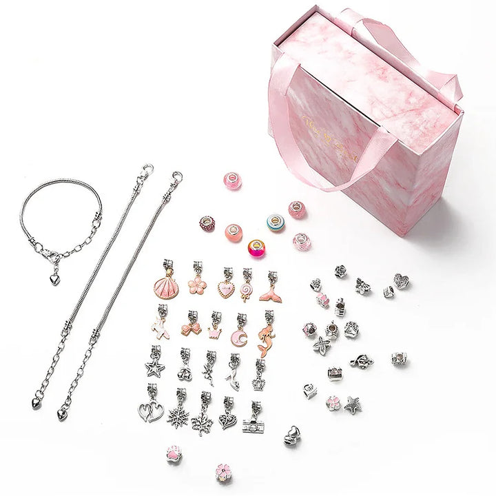 Charm-Armband-Set mit rosa Geschenkbox, Silberanhänger, DIY Schmuck, personalisierbar.