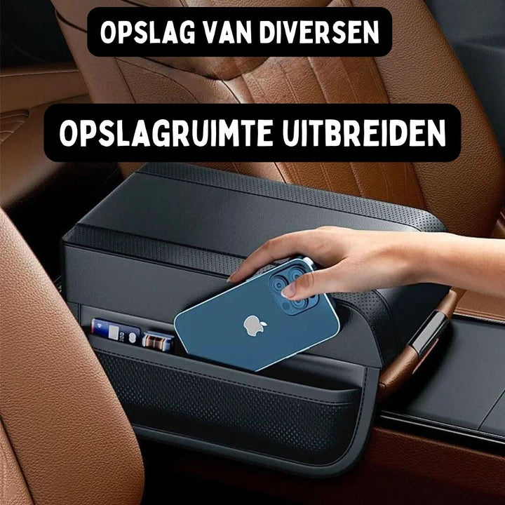 Auto-Armlehnen-Aufbewahrungstasche, schwarz, Leder, für Autositz, mit Handyhalterung.