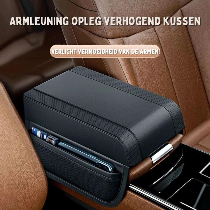 Schwarzes Armlehnenkissen Auto, ergonomisch, mit Aufbewahrung, Komfort, Müdigkeit reduzieren.