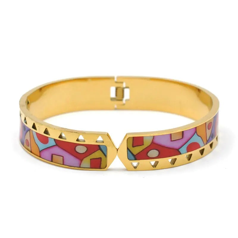 Goldenes Armband mit buntem geometrischem Muster, Emaille, Damen-Schmuck, modisch.