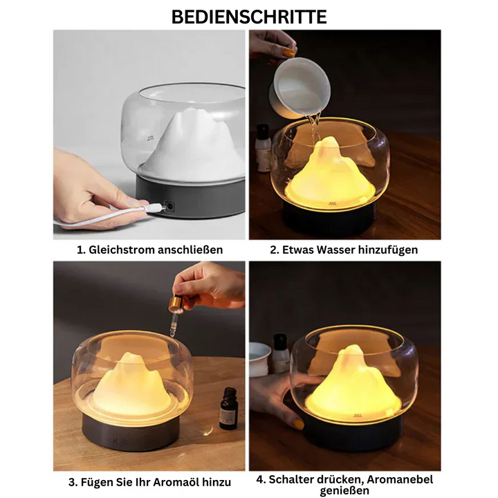 Aromadiffuser mit LED-Licht, Glas, Wasser- und Ölbefüllung, moderne Raumduftlösung.