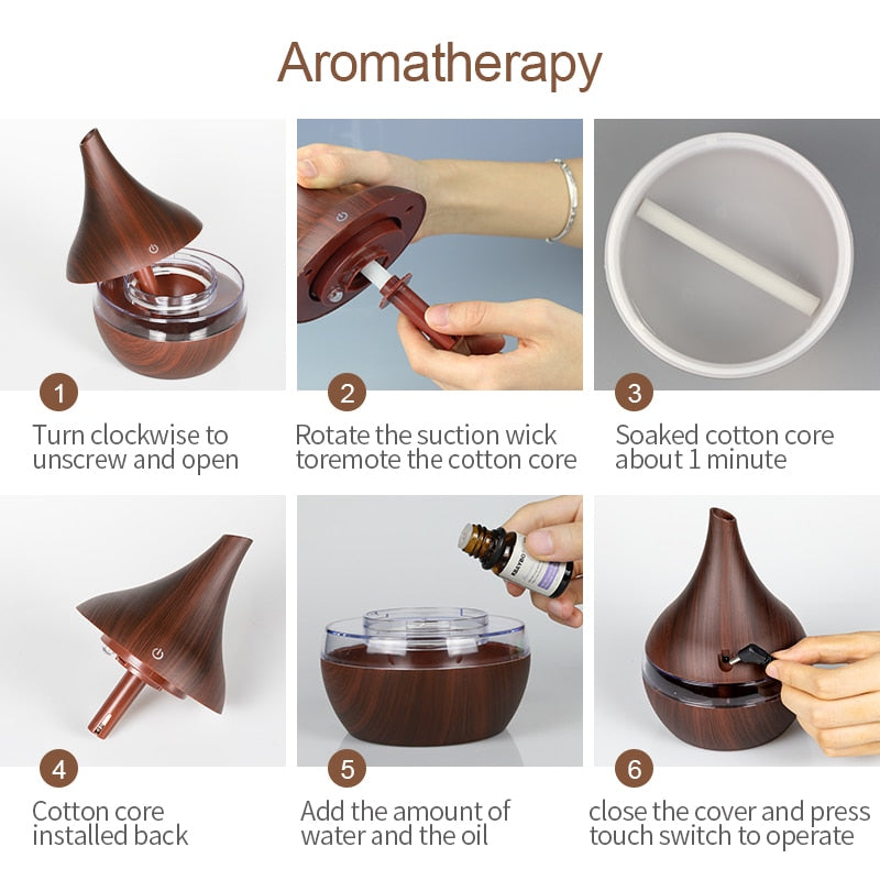 Brauner Aromatherapie-Diffusor, Holzoptik, Anleitung zur Verwendung, ätherische Öle.