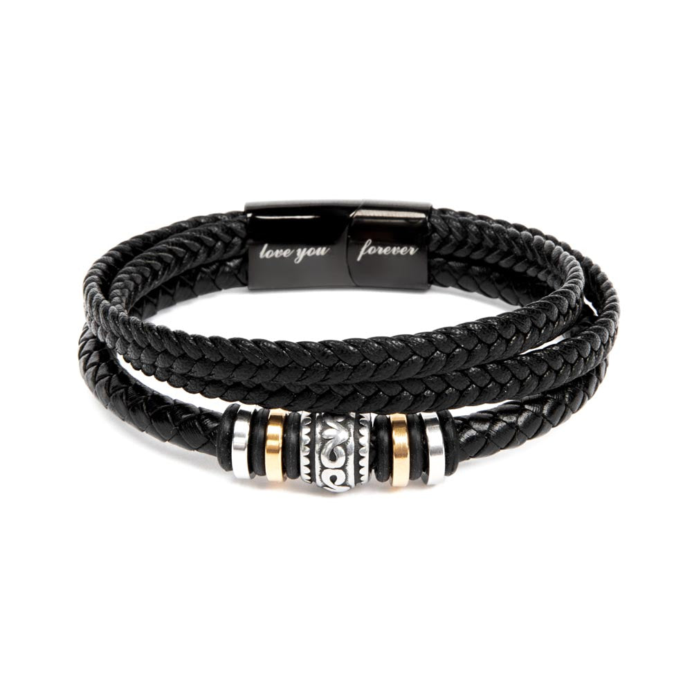 Schwarzes Lederarmband mit Gravur "love you forever", geflochten, Edelstahl-Details.