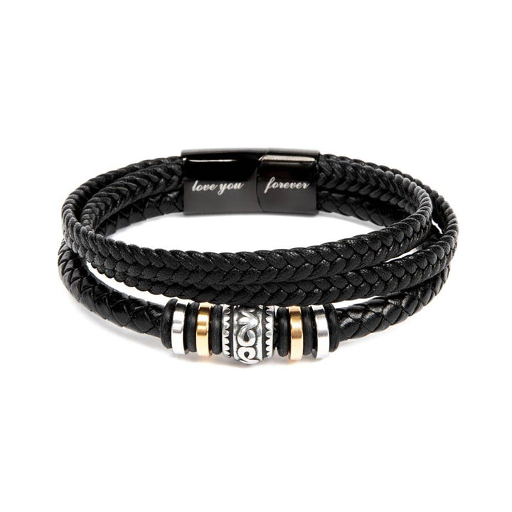Schwarzes Lederarmband mit Gravur "love you forever", geflochten, Edelstahl-Details.