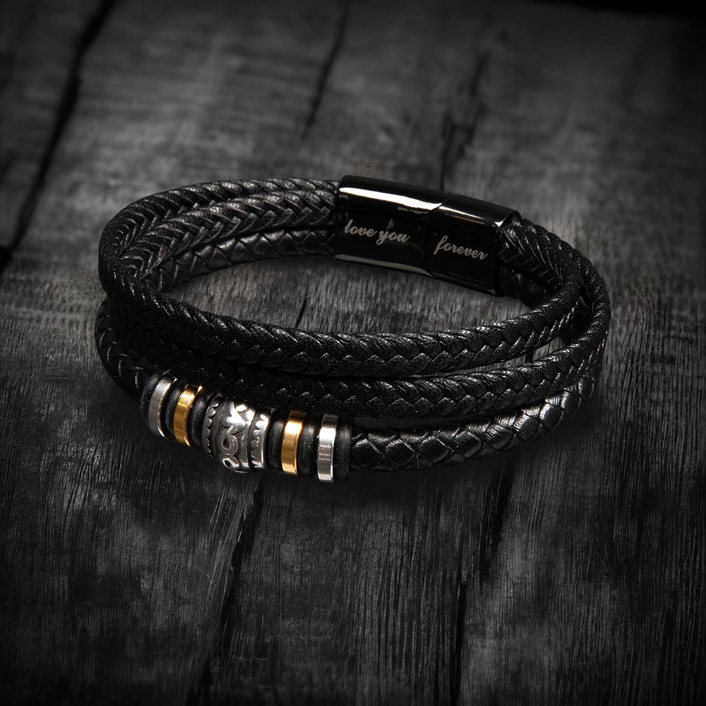 Schwarzes Lederarmband mit Gravur "love you forever", geflochten, Edelstahlverschluss.