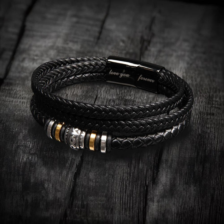Schwarzes Lederarmband mit Gravur "love you forever", geflochten, Edelstahlverschluss.