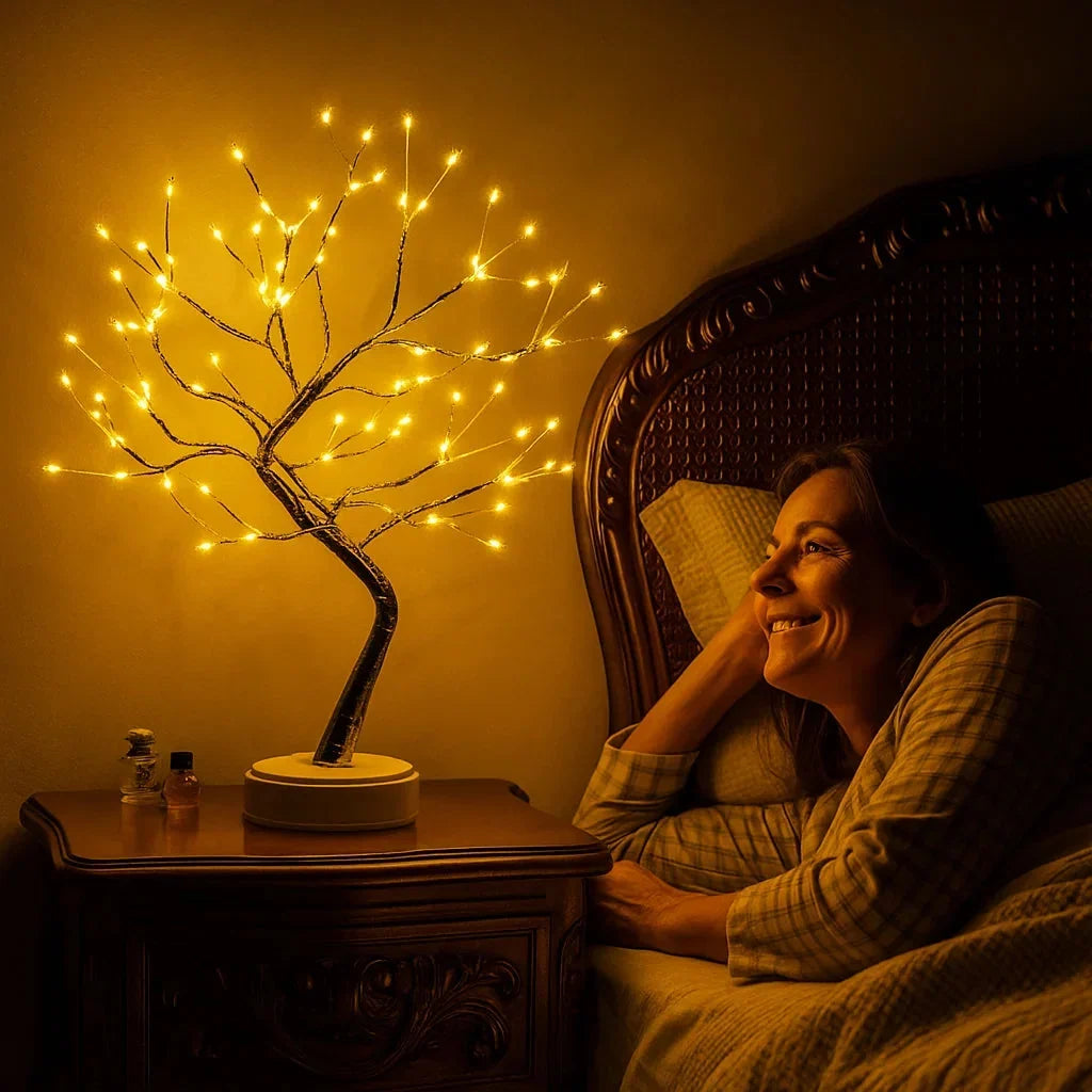 Rozsvícená stromová lampa na dřevěném nočním stolku vedle usmívající se ženy ležící v posteli 1