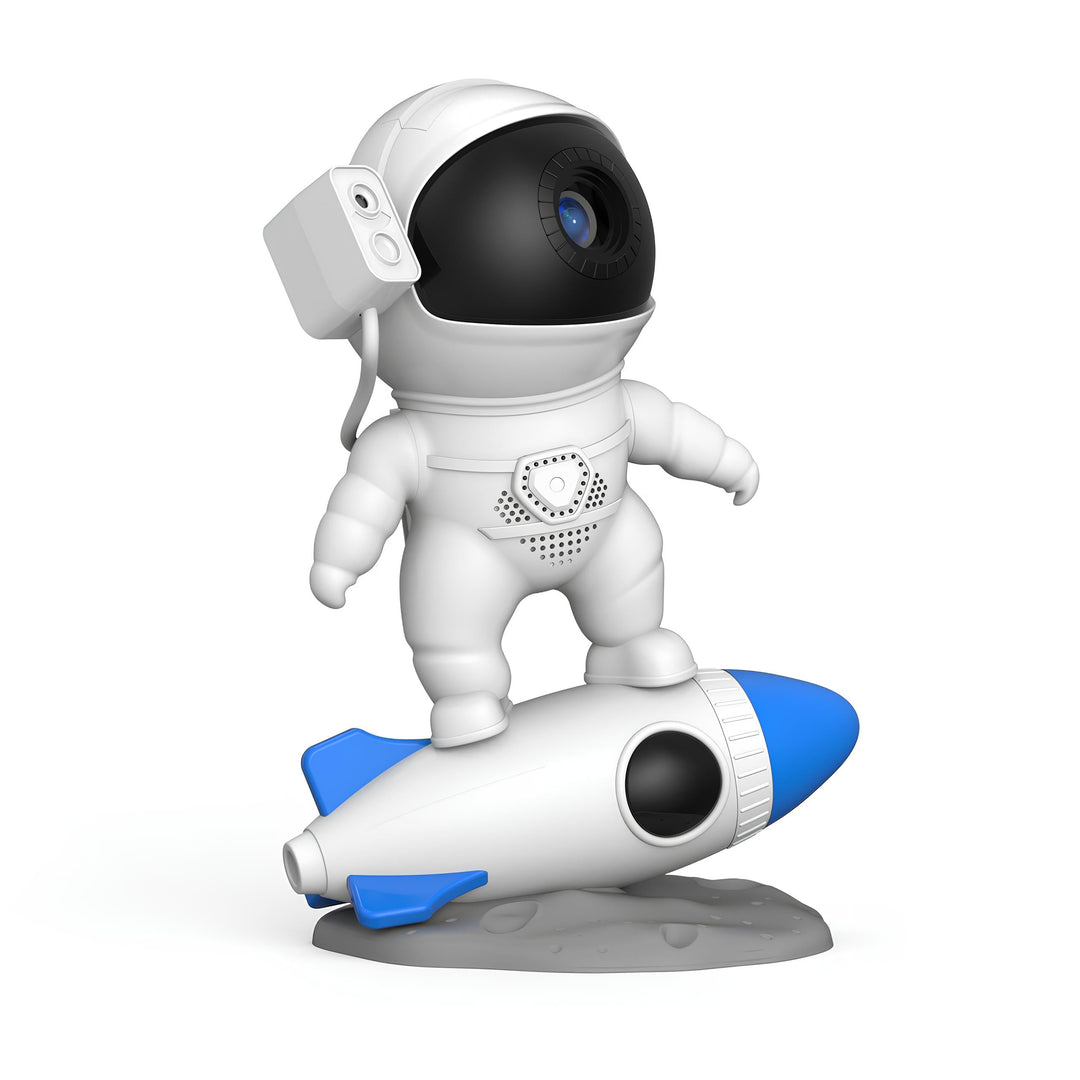 Weißer Astronauten-Lautsprecher auf blau-weißer Rakete, modernes Design, Geschenkidee.