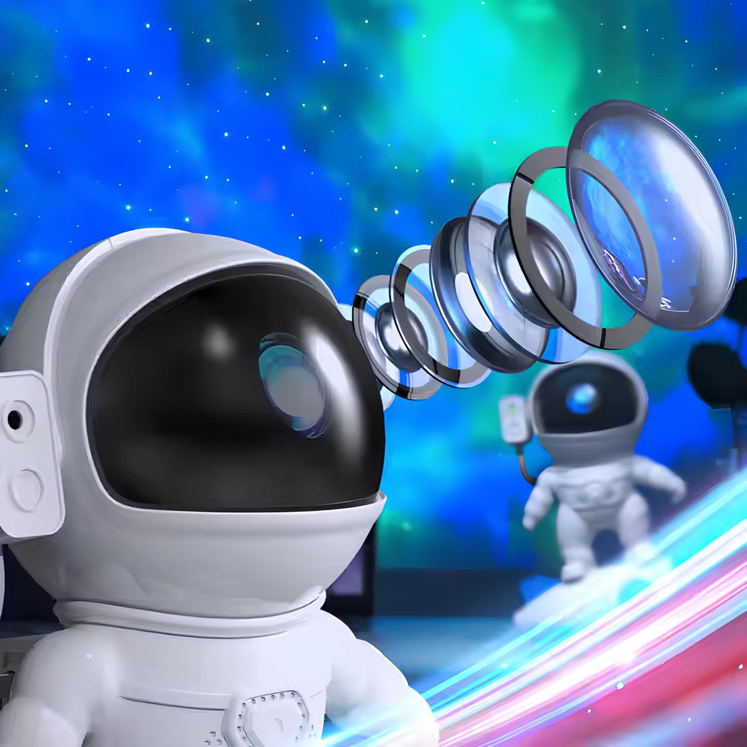 Astronautenfigur mit Helm im Weltraum, bunte Galaxie, Science-Fiction-Dekoration.