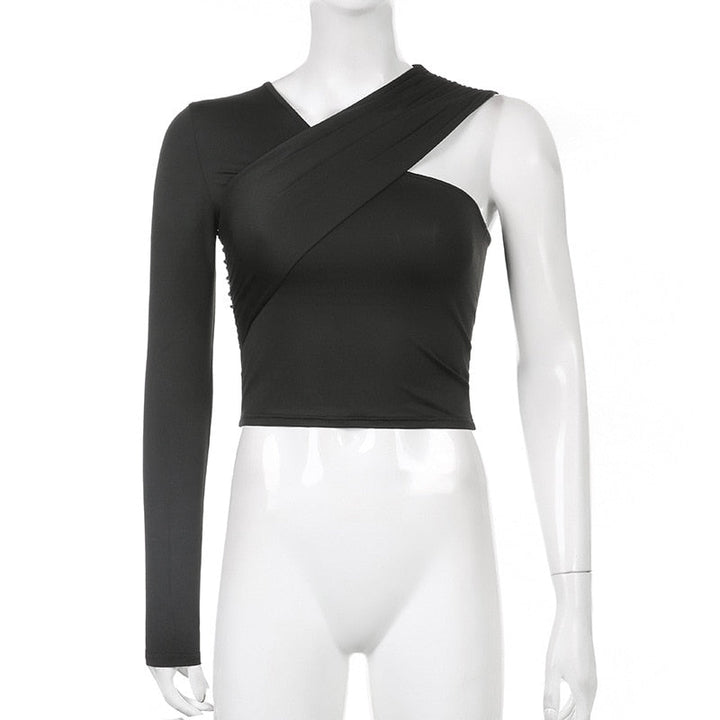 Schwarzes asymmetrisches Damen-Oberteil, einarmig, elegant, modisch, aus Stretchmaterial.
