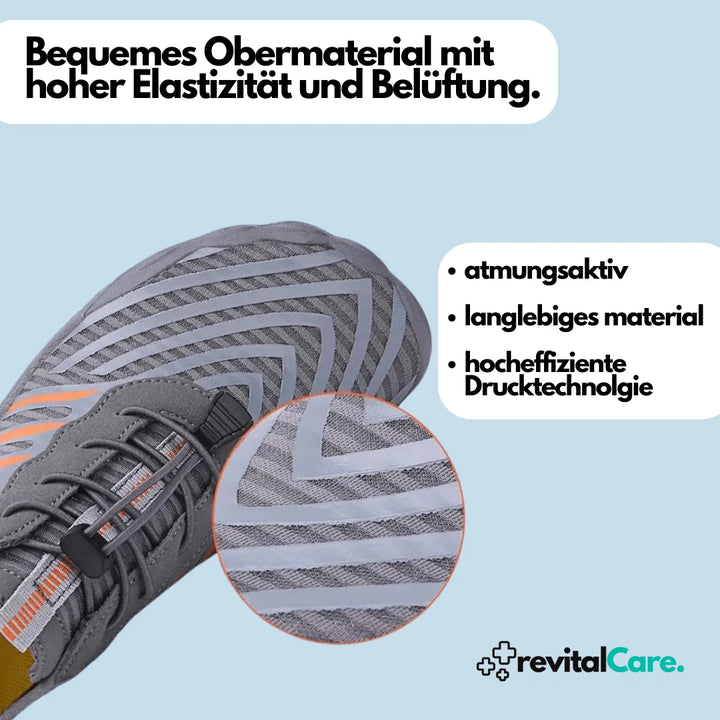 Grauer Sportschuh mit atmungsaktivem Obermaterial, hoher Elastizität, langlebig, bequem.