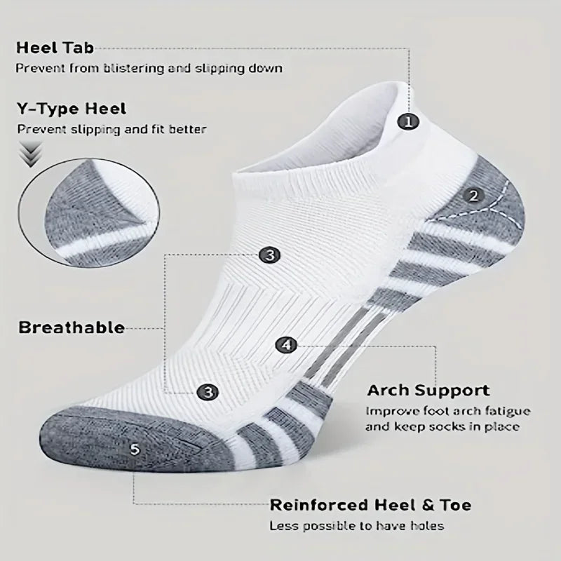 Weiße Sportsocken mit grauen Verstärkungen, atmungsaktiv, Fußgewölbestütze, rutschfest.