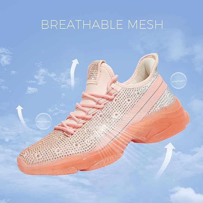 Damen Sneaker rosa, atmungsaktives Mesh, Strass, rutschfeste Sohle, modisch, bequem.