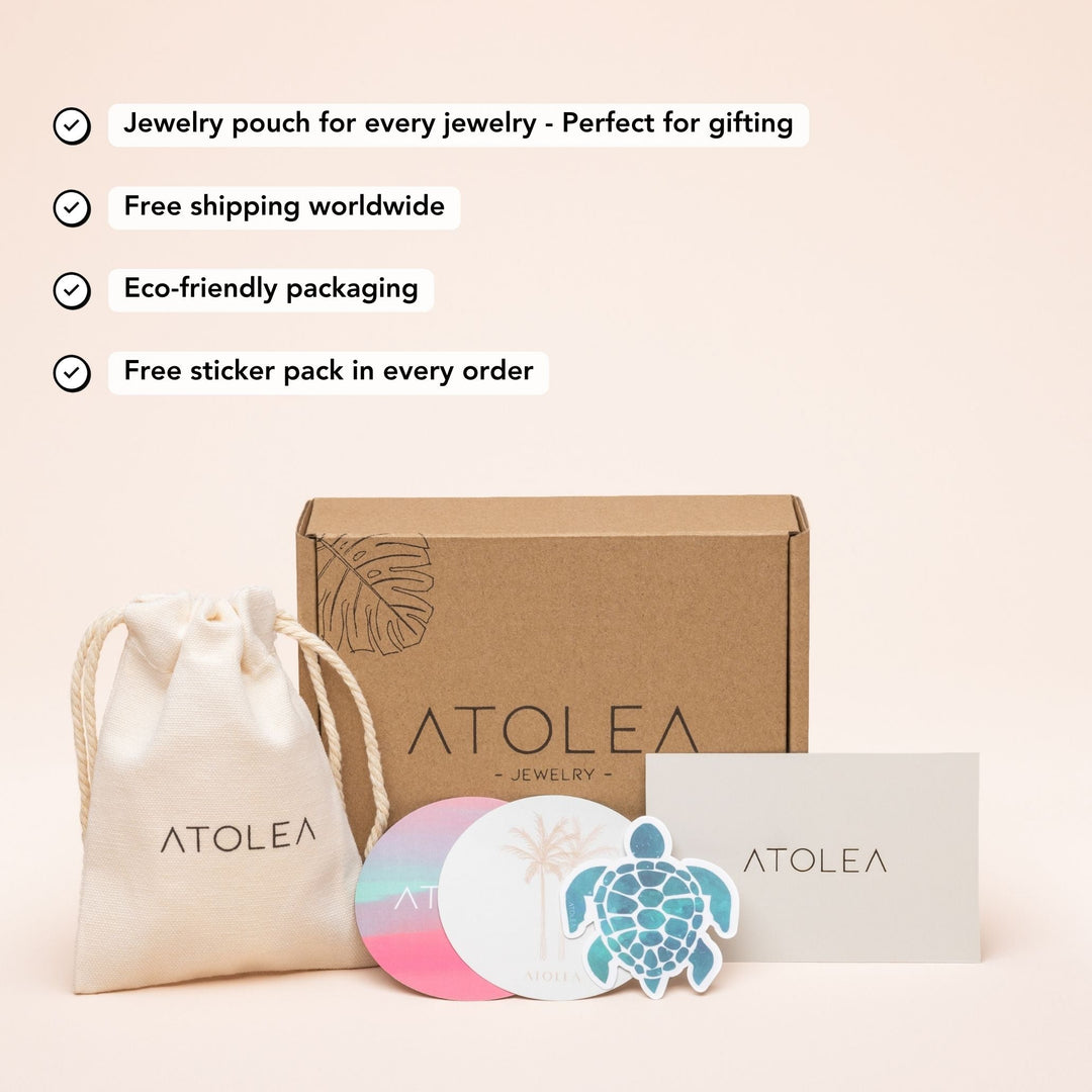 ATOLEA Schmuckverpackung, umweltfreundlich, Geschenkbeutel, Aufkleber, Versand weltweit.