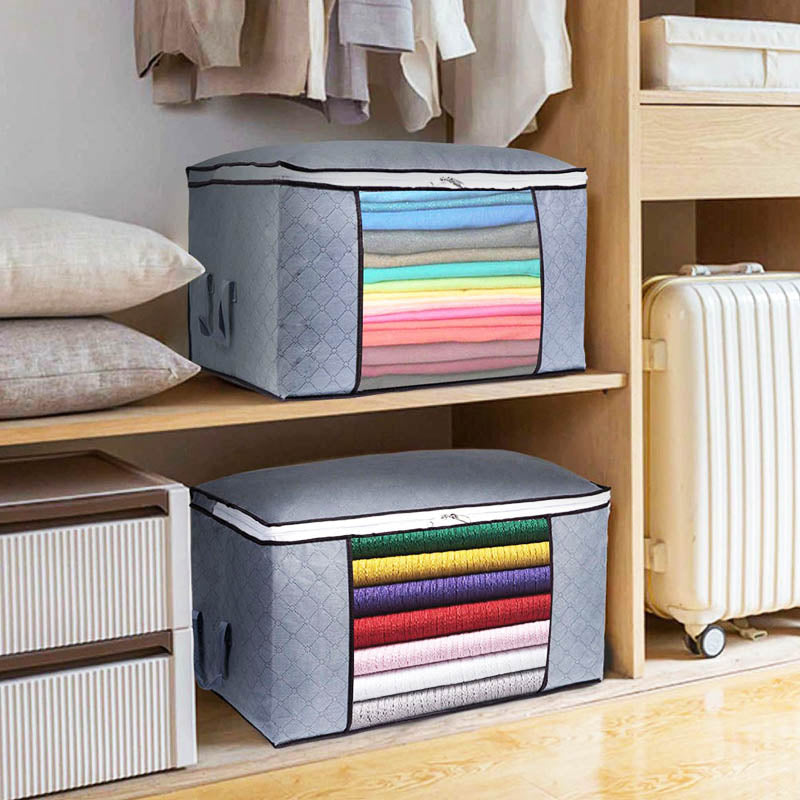 Graue faltbare Aufbewahrungsboxen mit Reißverschluss, ideal für Kleidung, platzsparend.