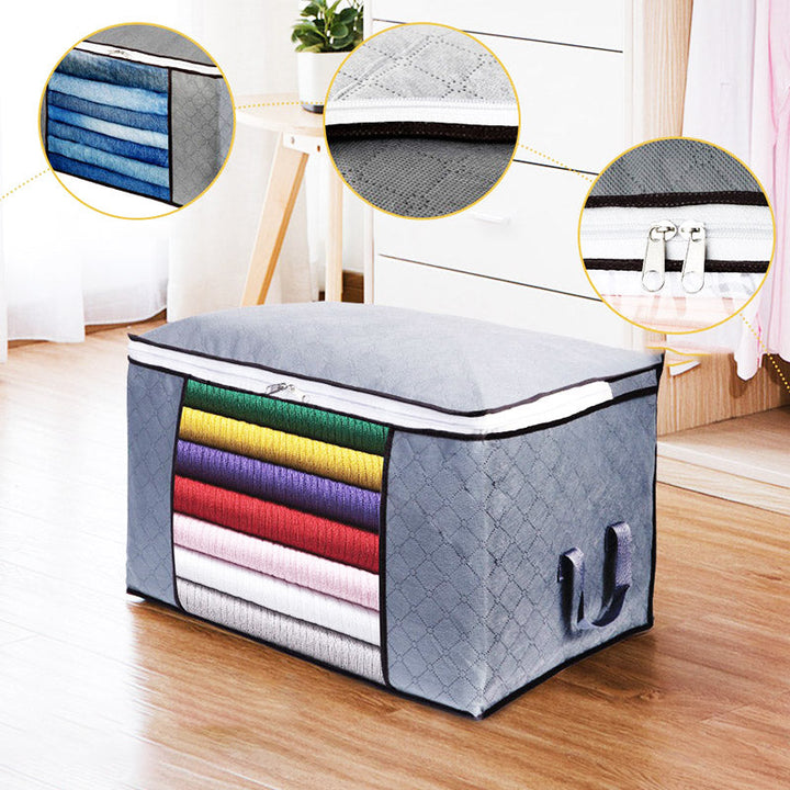 Graue Aufbewahrungstasche mit Reißverschluss, Stoff, faltbar, für Kleidung, Schlafzimmer.