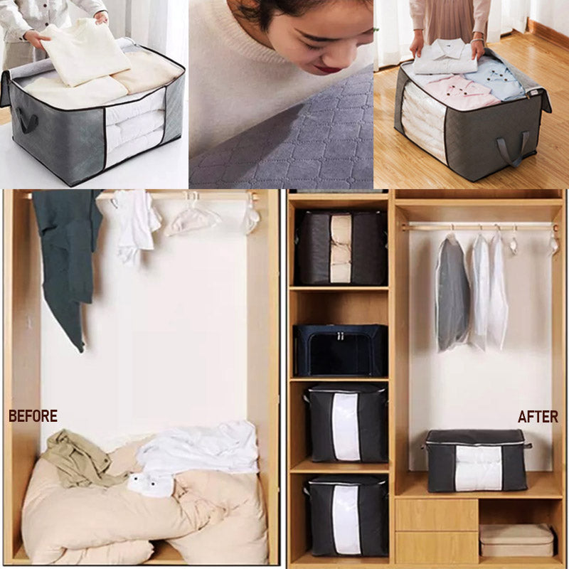 Faltbare Aufbewahrungsbox aus Stoff, grau, mit Griffen, ideal für Kleidung und Bettwäsche.