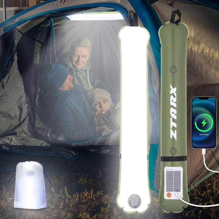 Aufblasbare LED-Campinglampe, grün, mit Solarpanel und USB-Anschluss, ideal für Outdoor-Abenteuer.