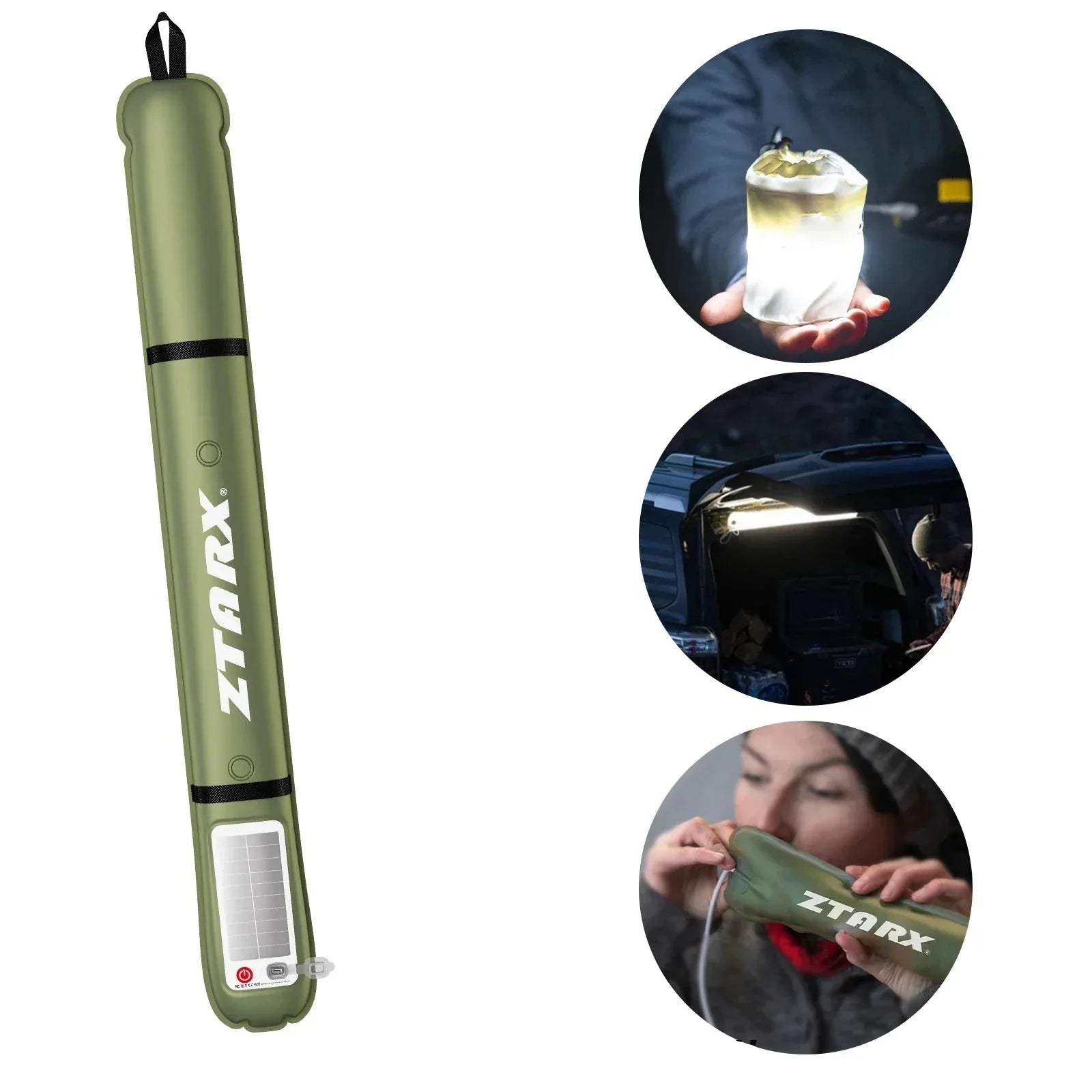 Grüne aufblasbare LED-Campinglampe mit Solarpanel, tragbar, vielseitig einsetzbar.