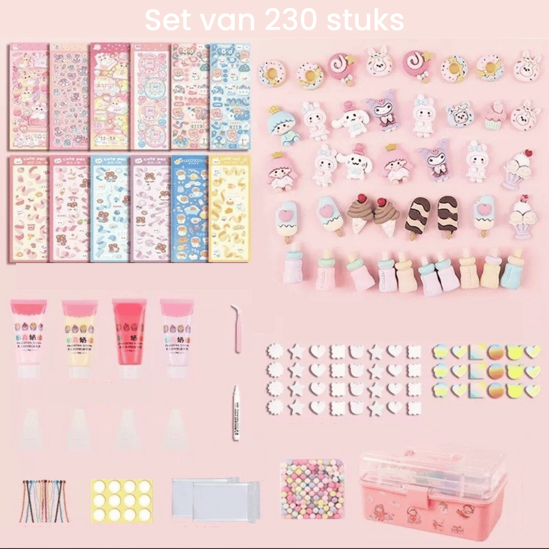 Set mit 230 Stück: Bunte Schreibwaren, Aufkleber, Radiergummis, Stifte, Box, ideal für Kinder.