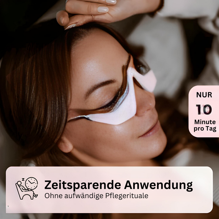 Frau mit Augenmaske, entspannend, zeitsparende Hautpflege, 10 Minuten täglich, Wellness.