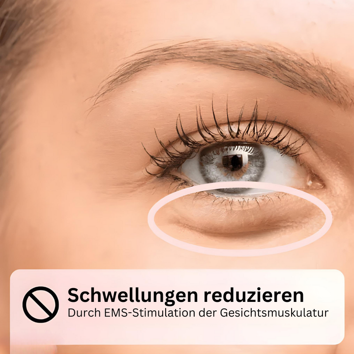 Nahaufnahme eines Auges mit Text über Schwellungsreduktion durch EMS-Stimulation der Gesichtsmuskulatur.