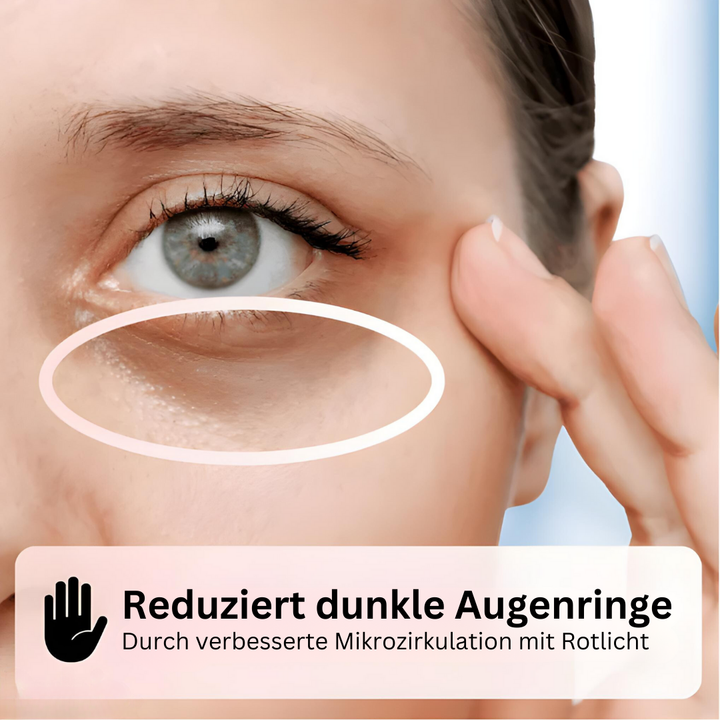 Nahaufnahme eines Auges mit dunklen Augenringen, Text: "Reduziert dunkle Augenringe".