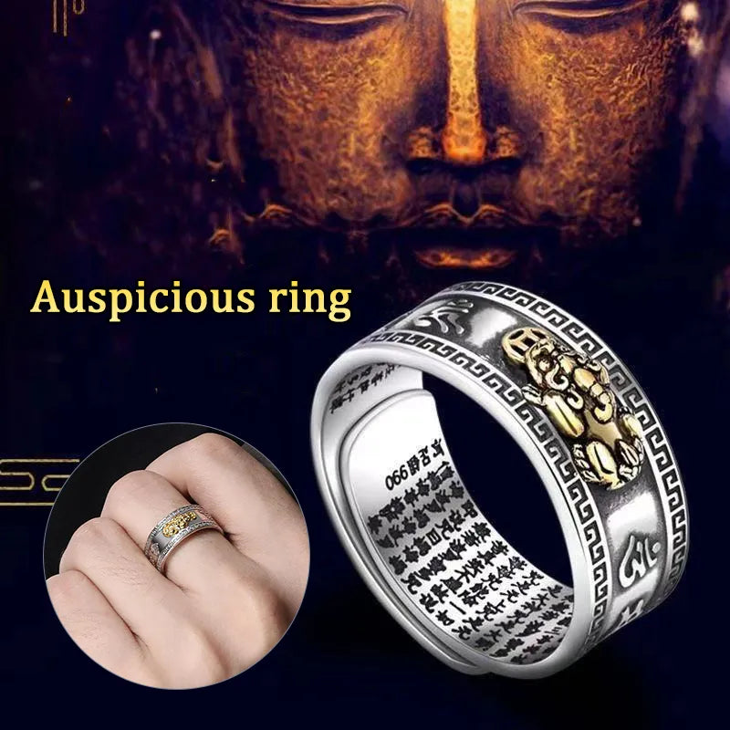 Silberner Ring mit goldenen Details, buddhistische Gravuren, Herrenring, Schmuckdesign.