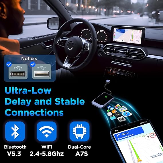 Auto-Adapter mit Bluetooth 5.3, WiFi 2.4-5.8GHz, Dual-Core A7S, für stabile Verbindung im Auto.