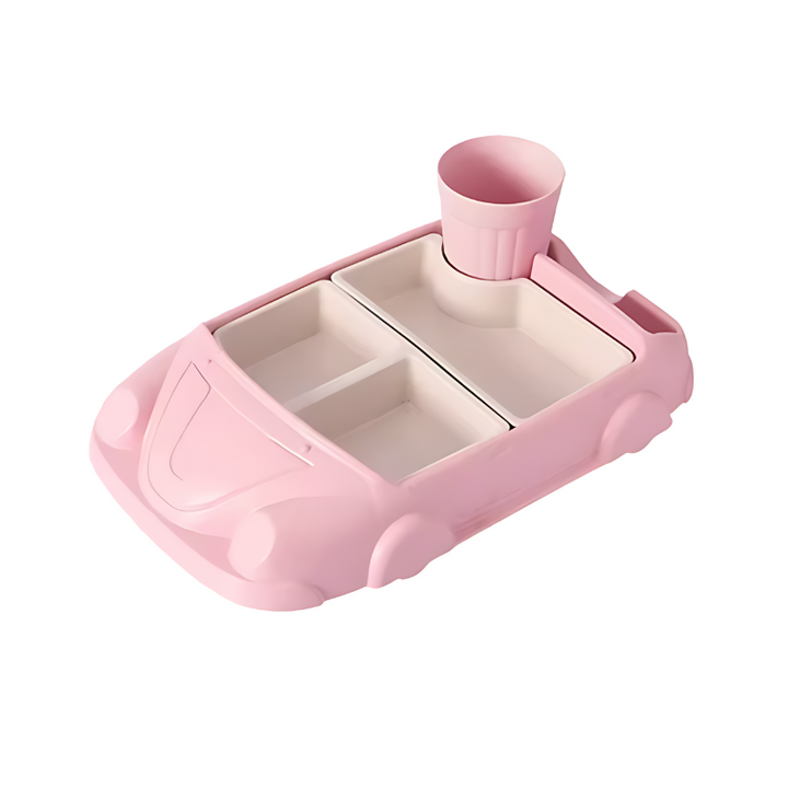 Rosa Auto-Form Kinder Geschirrset aus Kunststoff mit Bechern und Fächern, BPA-frei.
