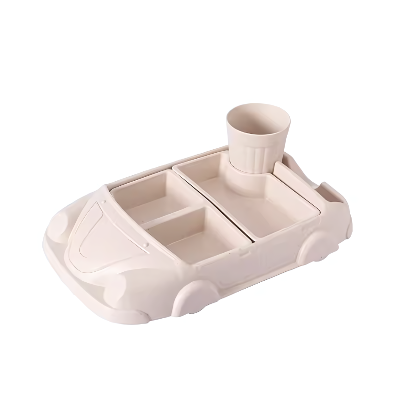 Beiger Auto-förmiger Kinderteller mit Becherhalter, BPA-frei, ideal für Mahlzeiten.