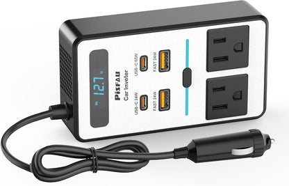 Weißer Auto-Wechselrichter mit Steckdosen, USB-C-Anschlüssen, 150W Leistung, 12V Adapter.