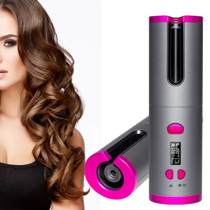 Kabelloser automatischer Lockenstab, grau-rosa, für müheloses Haarstyling, tragbar und effizient.