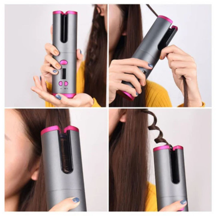 Kabelloser automatischer Lockenstab, grau-pink, Haarstyling, tragbar, einfach zu bedienen.