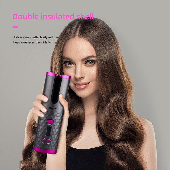 Kabelloser automatischer Lockenstab, schwarz-pink, doppelt isoliert, für schnelles Haarstyling.