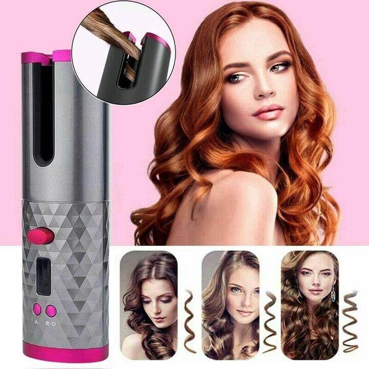 Kabelloser Lockenstab, silber-pink, automatische Haarstyler, für perfekte Locken, Haarpflege.