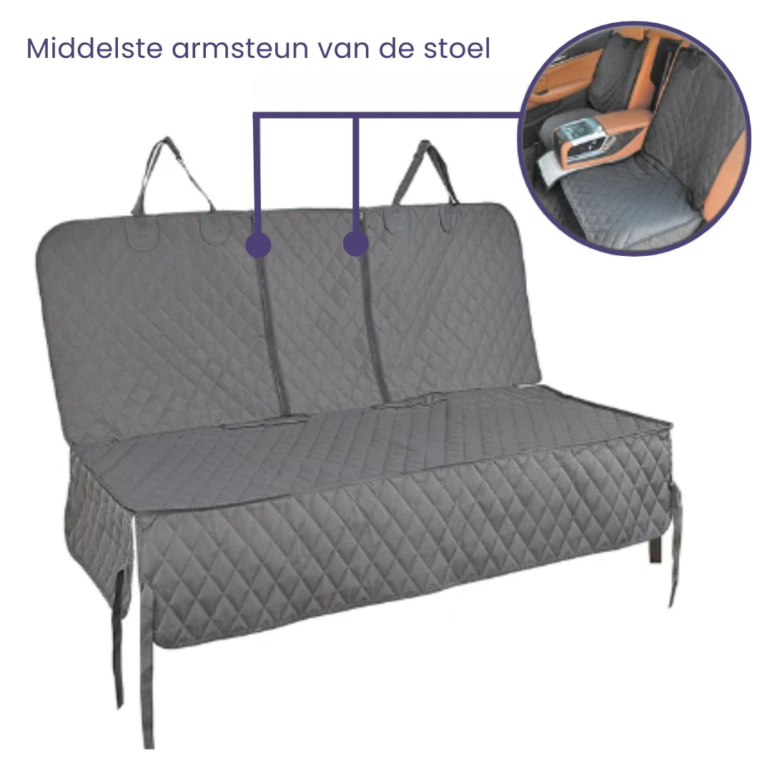 Graue, gesteppte Autoschondecke für Rückbank mit Mittelarmlehne, wasserabweisend, strapazierfähig.