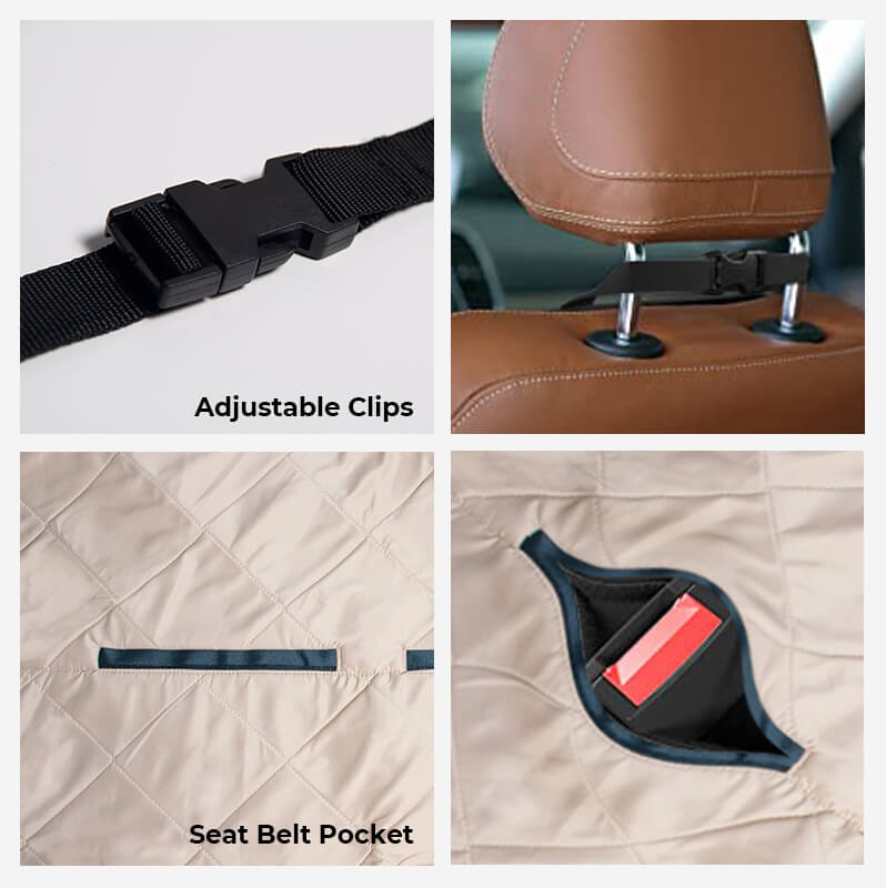 Verstellbare Clips und Sicherheitsgurt-Tasche für Autositzbezug, beige, strapazierfähig.