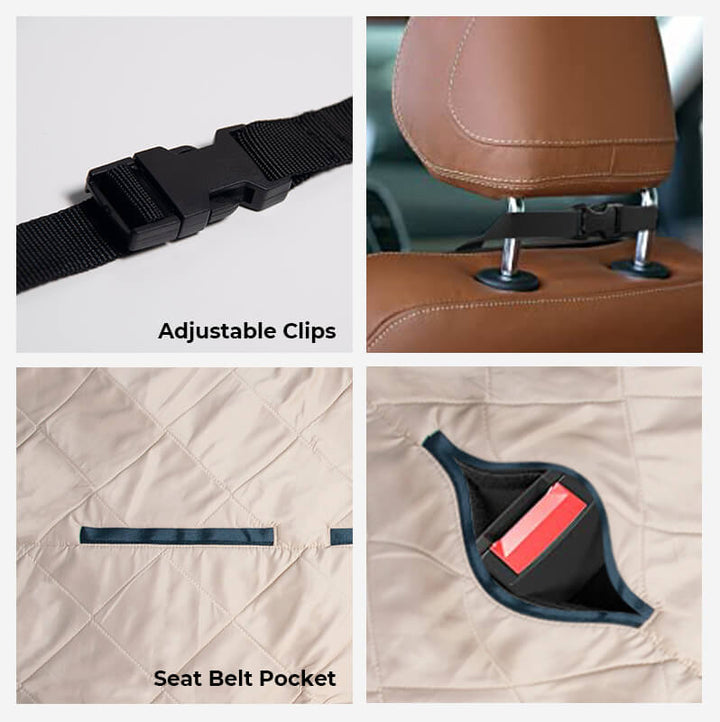 Verstellbare Clips und Sicherheitsgurt-Tasche für Autositzbezug, beige, strapazierfähig.