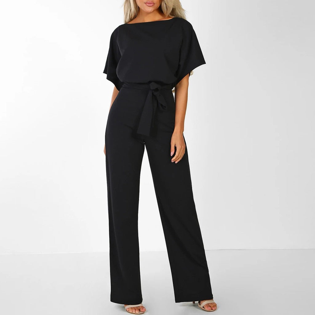 Eleganter schwarzer Damen-Jumpsuit mit Gürtel, Kurzarm, modisch, bequem.