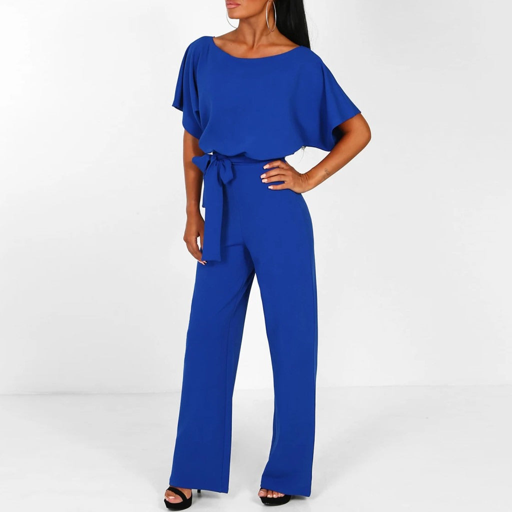 Eleganter blauer Damen-Jumpsuit mit Gürtel, Kurzarm, ideal für Abendmode.