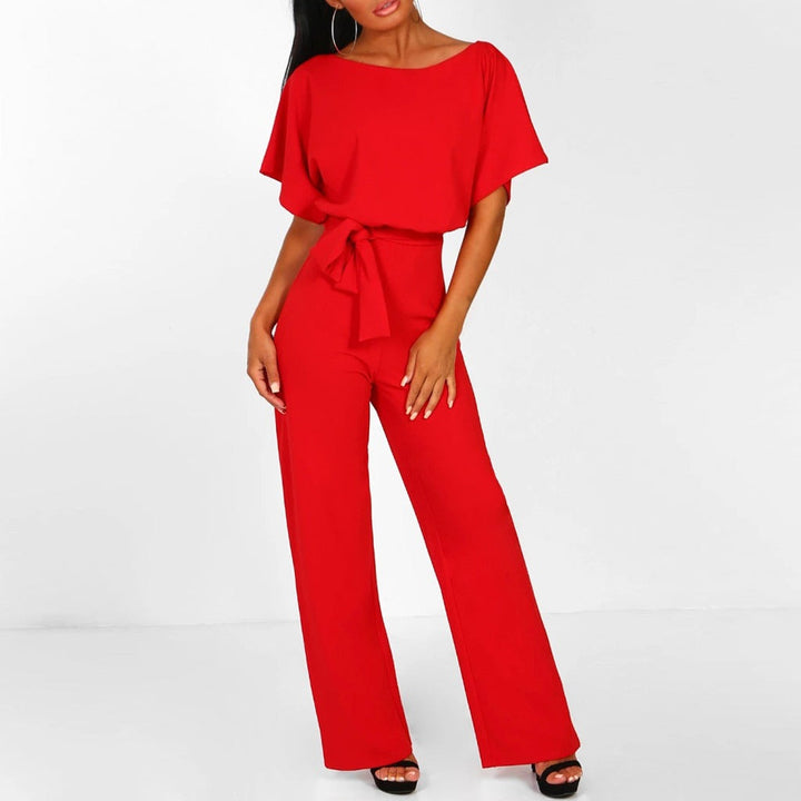 Eleganter roter Damen-Jumpsuit mit Gürtel, Kurzarm, modisch, bequem.