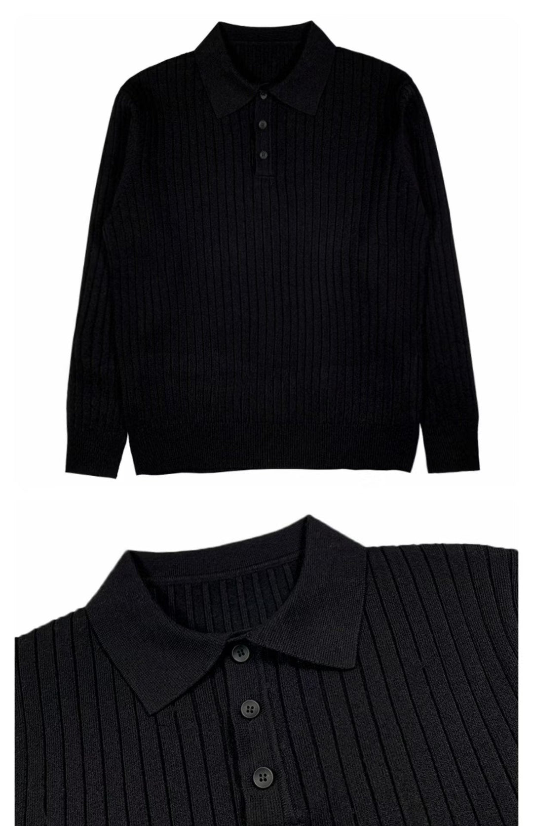 Schwarzer Strickpullover mit Kragen, Langarm, Knopfleiste, Herrenmode, elegant, Baumwolle.