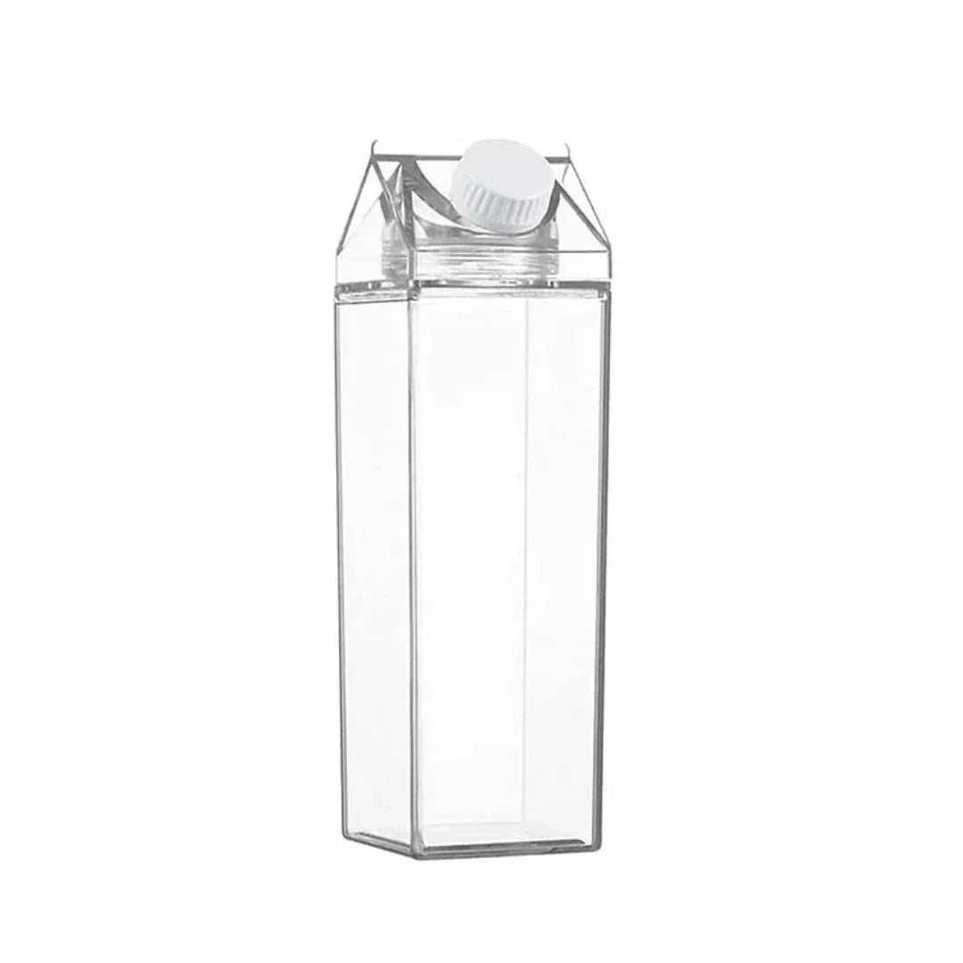 Transparente Plastikflasche in Milchkarton-Design, 500ml, mit weißem Schraubverschluss.