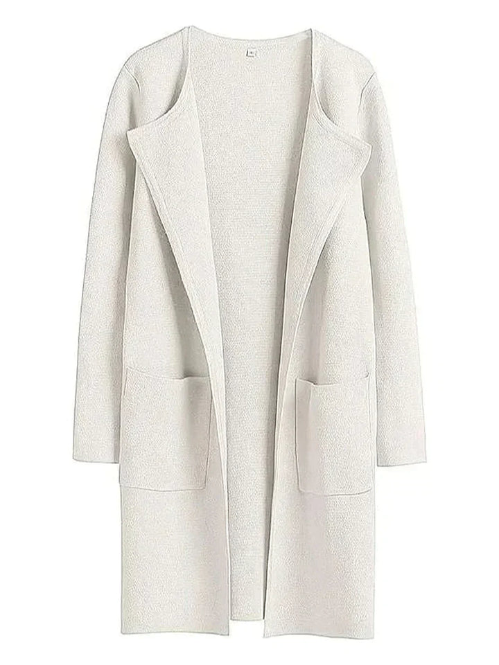 Damen Strickjacke beige, offener Schnitt, lange Ärmel, Taschen, weiches Material, modisch.