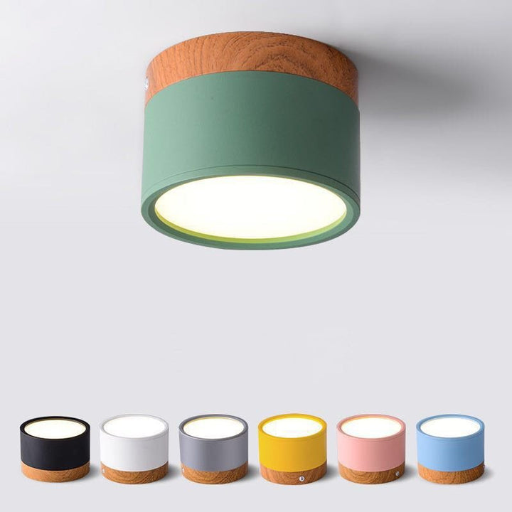 Moderne Deckenleuchte aus Holz und Metall in verschiedenen Farben, LED, rund, minimalistisch.