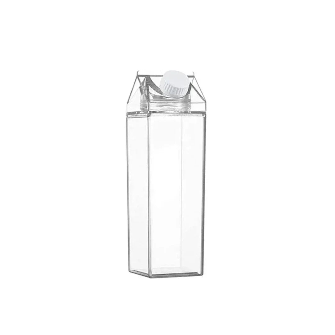 Transparente Trinkflasche in Kartonform, Kunststoff, mit weißem Schraubverschluss, 500ml.
