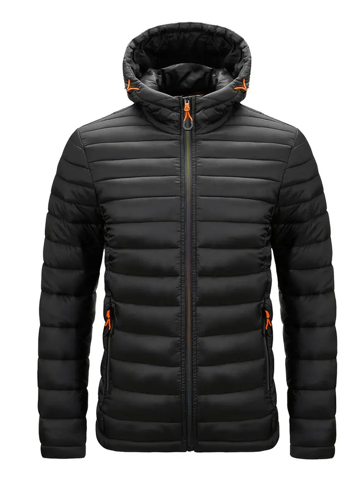 Schwarze Steppjacke mit Kapuze, Reißverschluss, orange Details, Herrenmode, Winterjacke.